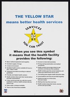 view A yellow star bearing a male and female health worker: The Yellow Star care programme in Uganda. Colour lithograph, ca. 2001.