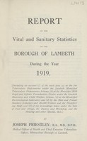 view Report on the vital and sanitary statistics of the Borough of Lambeth during the year 1919.