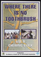 view Children using chewing sticks to clean their teeth in Uganda. Colour lithograph by Ministry of Health and WHO, ca. 2000.