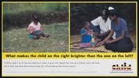 view A solitary unhappy child compared with a happy child playing with her parents: CHILD project in Uganda. Colour lithograph by the Uganda Nutrition and Ministry of Health, 1998.