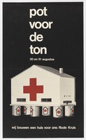 view A house on stilts formed by collecting tins; representing fundraising for a house for the Netherlands Red Cross. Colour lithograph, 197- (?).