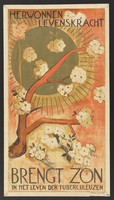 view The sun shining on blossom; representing the help given to tuberculous patients of the Herwonnen Levenskracht sanatorium. Lithograph by M. Wiegman, 192- (?).