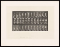 view A naked woman walking up a slope with a bucket in each hand. Collotype after Eadweard Muybridge, 1887.