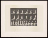 view Two clothed women turning and walking up steps. Collotype after Eadweard Muybridge, 1887.