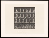 view A clothed woman bending to her right to grasp the train of her dress and then turning. Collotype after Eadweard Muybridge, 1887.