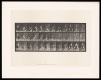view A clothed woman bending to empty a basin of water, picking up the basin and a jug from the ground, turning and walking away. Collotype after Eadweard Muybridge, 1887.