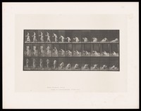 view A semi-naked woman is lying on the ground on her right side, supporting herself on her right elbow. She turns, pushes herself up into a standing position and walks away, newspaper in her left hand. Collotype after Eadweard Muybridge, 1887.