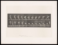 view A naked man wearing a hat runs, stoops to pick up a ball with his right hand and runs on. Collotype after Eadweard Muybridge, 1887.