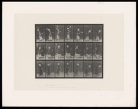 view A clothed woman stretches upwards on tiptoe as she swipes a tennis racquet held in her right hand from above her head, bending as she brings it down to her side. Collotype after Eadweard Muybridge, 1887.