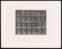 view A naked man bends to pick up a rock, lifts it above his right shoulder, throws it away and staggers against the wall on his right afterwards. Collotype after Eadweard Muybridge, 1887.