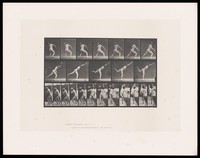 view A naked man holds a rock in his left hand at shoulder height, turns and throws it, leaning forwards and raising his left leg behind him. Collotype after Eadweard Muybridge, 1887.