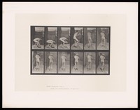 view A naked man lifts a stone and carries it on his shoulder. Collotype after Eadweard Muybridge, 1887.