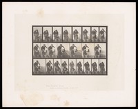 view A clothed woman lifts a bucket of water and empties it. Collotype after Eadweard Muybridge, 1887.