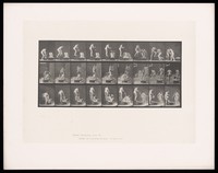 view A naked woman climbs onto a chair and pours a bucket of water over another. Collotype after Eadweard Muybridge, 1887.