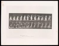 view A clothed, sitting woman stands up and throws a shawl around her shoulders. Collotype after Eadweard Muybridge, 1887.