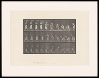 view A clothed woman carries a basket on her head then places it onto the ground. Collotype after Eadweard Muybridge, 1887.