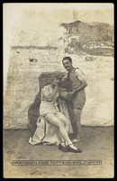 view British prisoners of war posing in beach attire for a show at a prisoner of war camp in Cottbus. Photographic postcard by P. Thiran, 191-.