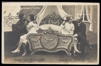 view French prisoners of war performing "Mam'zelle Totoche" at a prisoner of war camp in Cottbus. Photographic postcard by P. Tharan, 191-.