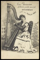 view Louis Vernassier in drag poses with a harp. Process print, 1906.