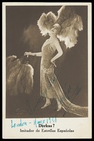 view "Derkas ?", dressed in drag, on stage. Photographic postcard, 1928.