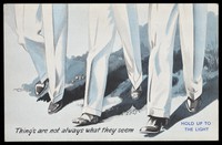 view A shadowgraph of three men's legs in white trousers,showing female legs underneath the trousers. Process print, 195-.