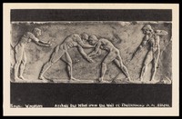 view Two men wrestling. Photograpic postcard, 193-.