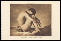 view A boy, naked and sitting with his head bowed, resting on his knees. Process print after J. H. Flandrin, 193-.