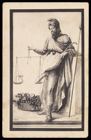 view A man using scales to weigh his genitals. Process print, 190-.