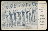 view A male waterpolo team pose in a line. Colour process print, 193-.