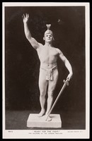 view An actor poses as a classical sculpture of a gladiator. Photographic postcard, 190-.