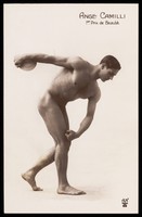 view Ange Camilli posing as the Discobolus. Photographic postcard, 192-.