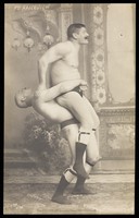 view Two of the Raicevich brothers, wrestlers. Photographic postcard, 19--.