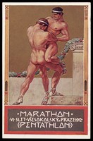 view Two nude Greco-Roman wrestlers. Colour process print, 1912.