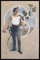 view A fencer holding a foil in front of an elaborate window. Colour process print, 19--.