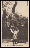 view Four acrobats performing outdoors in Luxembourg. Process print, 192-.