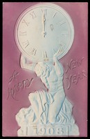 view A relief of an athlete holding a giant clock above his head. Colour process print, 1908.