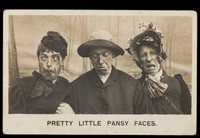 view Three men in drag pulling silly expressions. Photographic postcard, 1906.