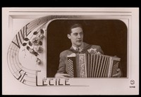 view A man holding an accordion with flowers, celebrating Saint Cecilia's Day. Colour photographic postcard, 192-.