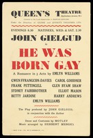 view The play "He was born gay": flyer for performance at Queen's theatre in London. Colour process print, 193-.