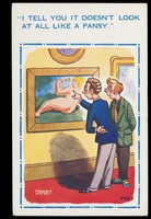 view Two gay men in an art gallery looking at a painting of a female nude. Colour process print after Caport, 195-.