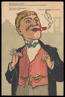 view A dandy wearing a ring on each hand while smoking a cigar. Colour process print, ca. 1905.