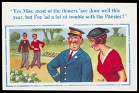 view A park keeper is complaining to a young woman about "pansies" (homosexuals). Colour process print, 195-, after D. McGill, 193-.
