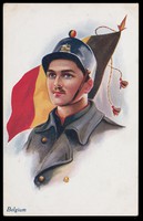 view A Belgian soldier in front of the Belgian flag. Colour process print, 191-.