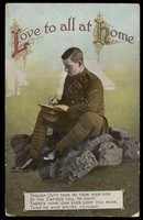 view World War I: a soldier writing a letter home. Colour process print, ca. 1916.