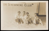 view Gorleston-on-Sea, Norfolk: young men on the beach at Gorleston Swimming Club. Photographic postcard by Jackson's Faces, 193-.