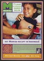 view An Indonesian child being examined with a stethoscope; representing support for the healthcare work of Memisa in Indonesia, recommended by the actor Willem Nijholt. Colour lithograph for Memisa, ca. 199-.