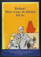 view A man smoking a cigar while a toddler sits on his knee: a cat looks on with disapproval; representing the bad effects of smoking in the presence of children. Colour lithograph for Stichting Volksgezondheid en Roken (Stivoro), ca. 2000.