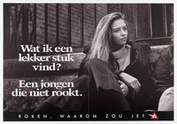 view A young woman saying she prefers a young man who does not smoke. Lithograph for Stivoro (Stichting Volksgezondheid en Roken), ca. 2000.