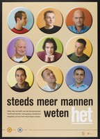 view Nine badges showing portraits of gay men; recommending testing for HIV. Colour lithograph for the Schorerstichting, ca. 2003.