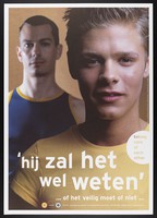 view Two gay men with a statement on the need for safe sex. Colour lithograph by Gebr. Silvestri for the Schorerstichting, 2001.